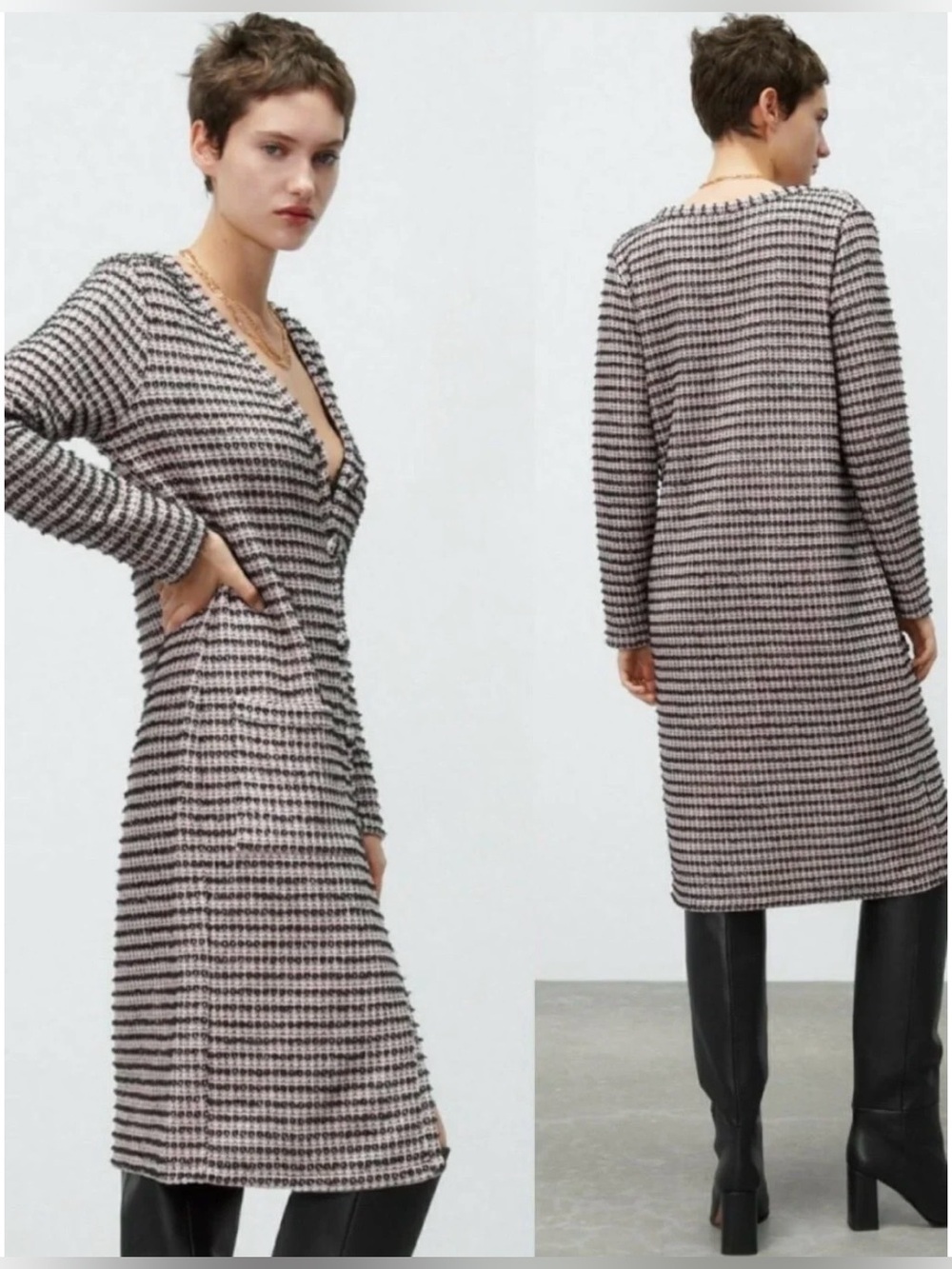 Zara NWOT Tweed Pink & Black Houndstooth Button Down Cardigan Midi Dress Sz S